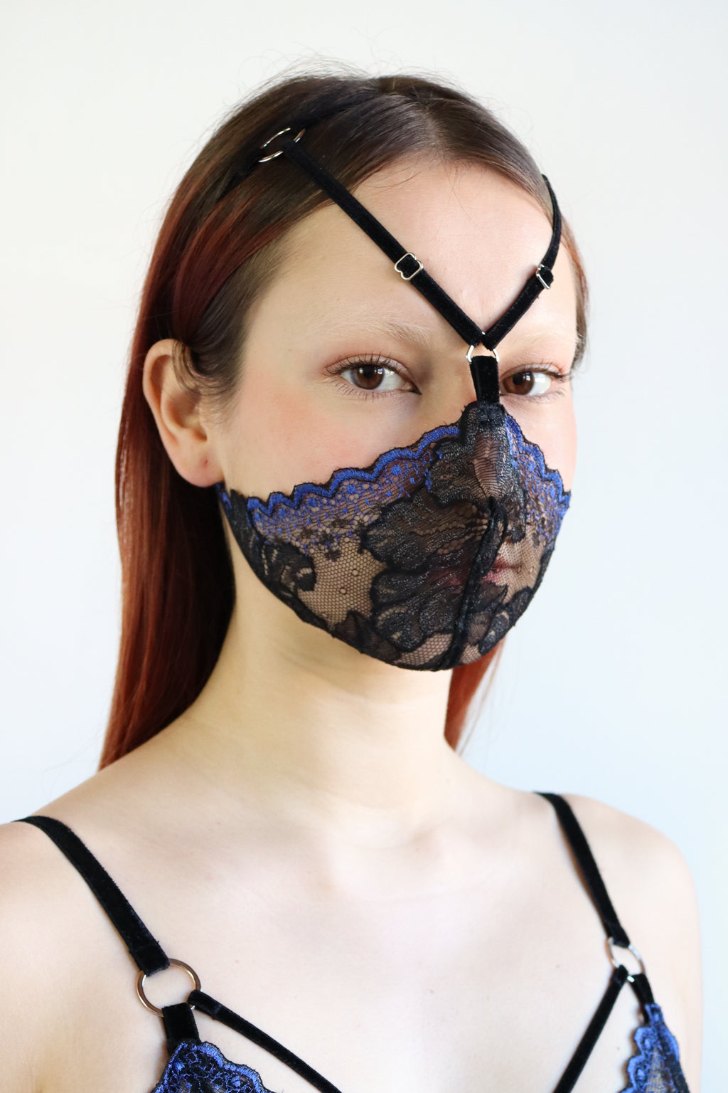 Black and blue lace face harness with soft velvet head straps and silver eco-friendly hardware.