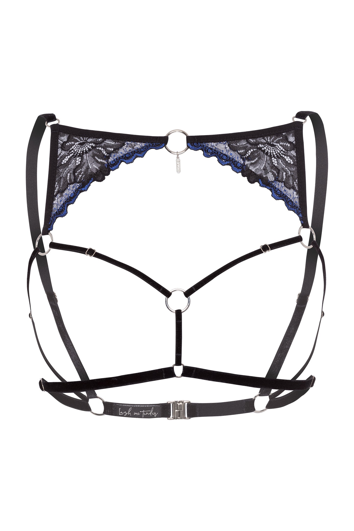 Adjustable velvet open cup harness with black and blue lace details above the chest, silver hardware and 'slut' engraved silver pendant.