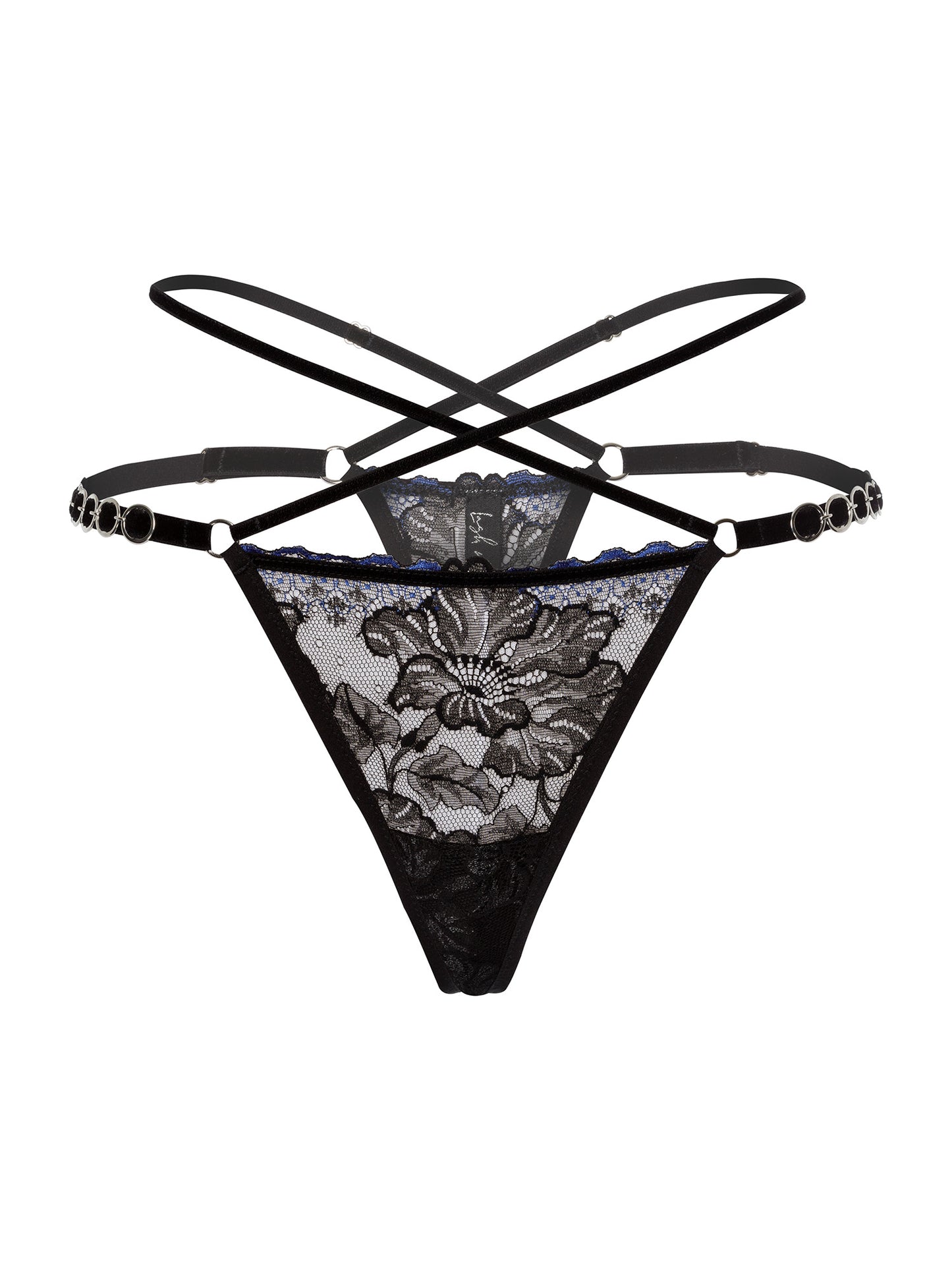 Black and blue lace thong with adjustable velvet straps on the hips and waist and silver o-ring details.
