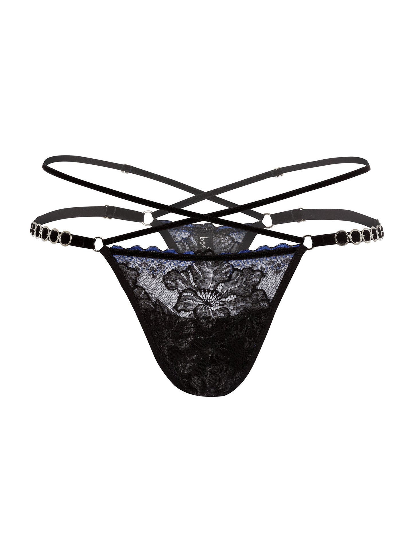 Floral black and blue lace thong with adjustable velvet straps and silver o-ring details on the hips, and 2 crossing straps on the waist. Made for anyone who tucks.