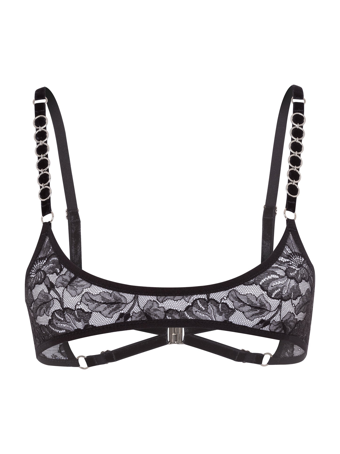 Front view of an adjustable gender free micro bralette made with floral black lace, soft velvet straps and silver o-rings details on shoulders.