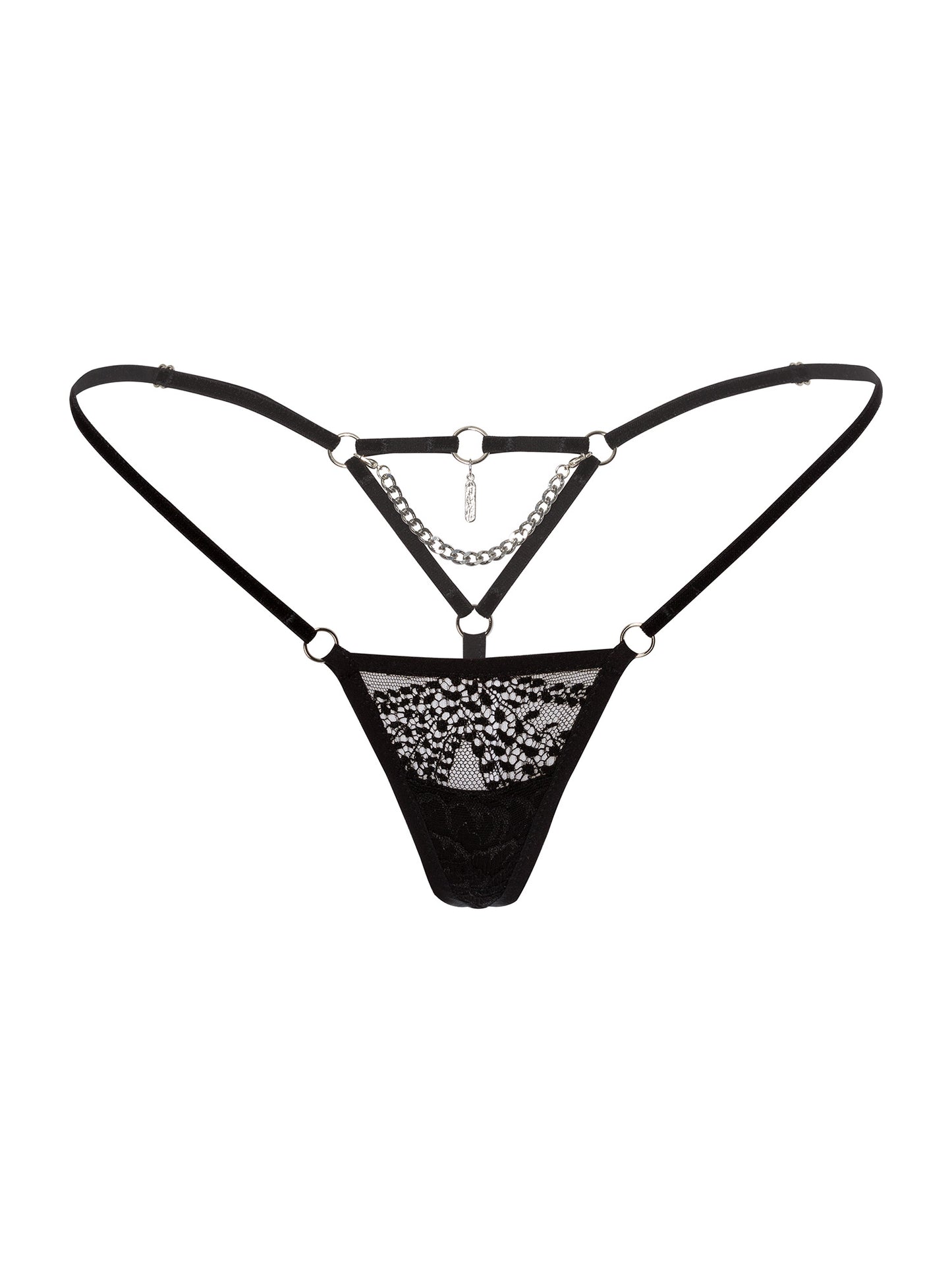 Regular fit floral black lace micro thong with thin velvet straps on the hips and silver chain and pendant in the back.
