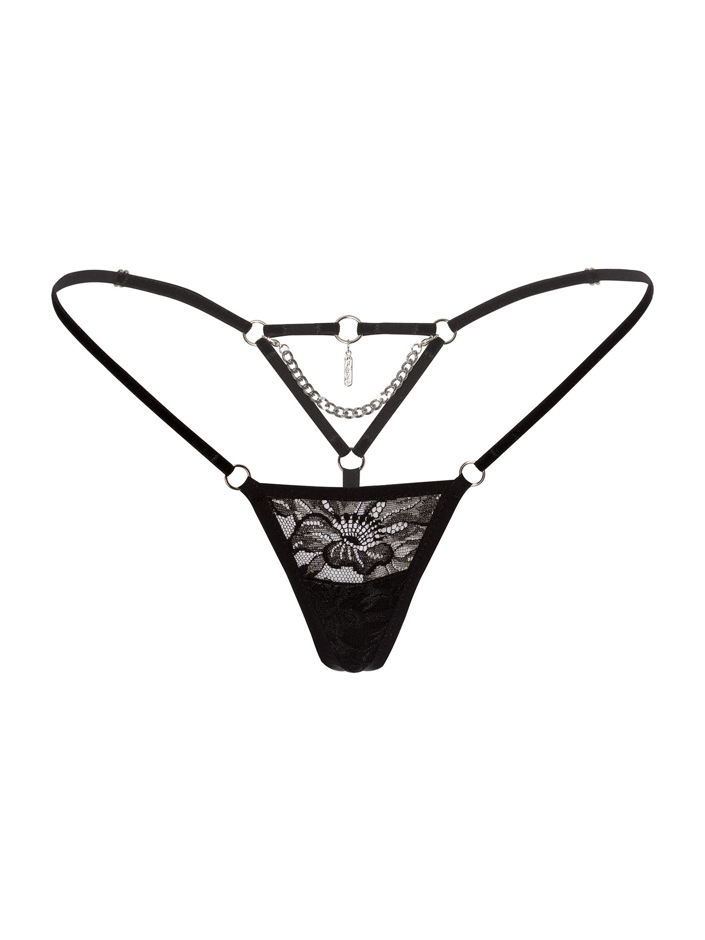 Regular fit floral black lace micro thong with thin velvet straps on the hips and silver chain and pendant in the back.