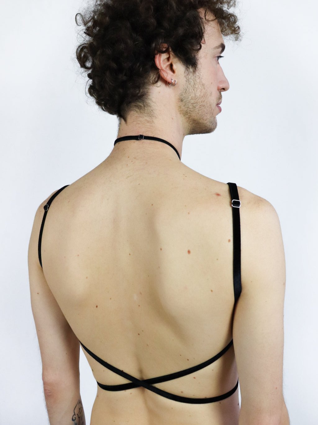 Back view of an adjustable black velvet chest harness with crossed bands on the lower back and shoulder straps.