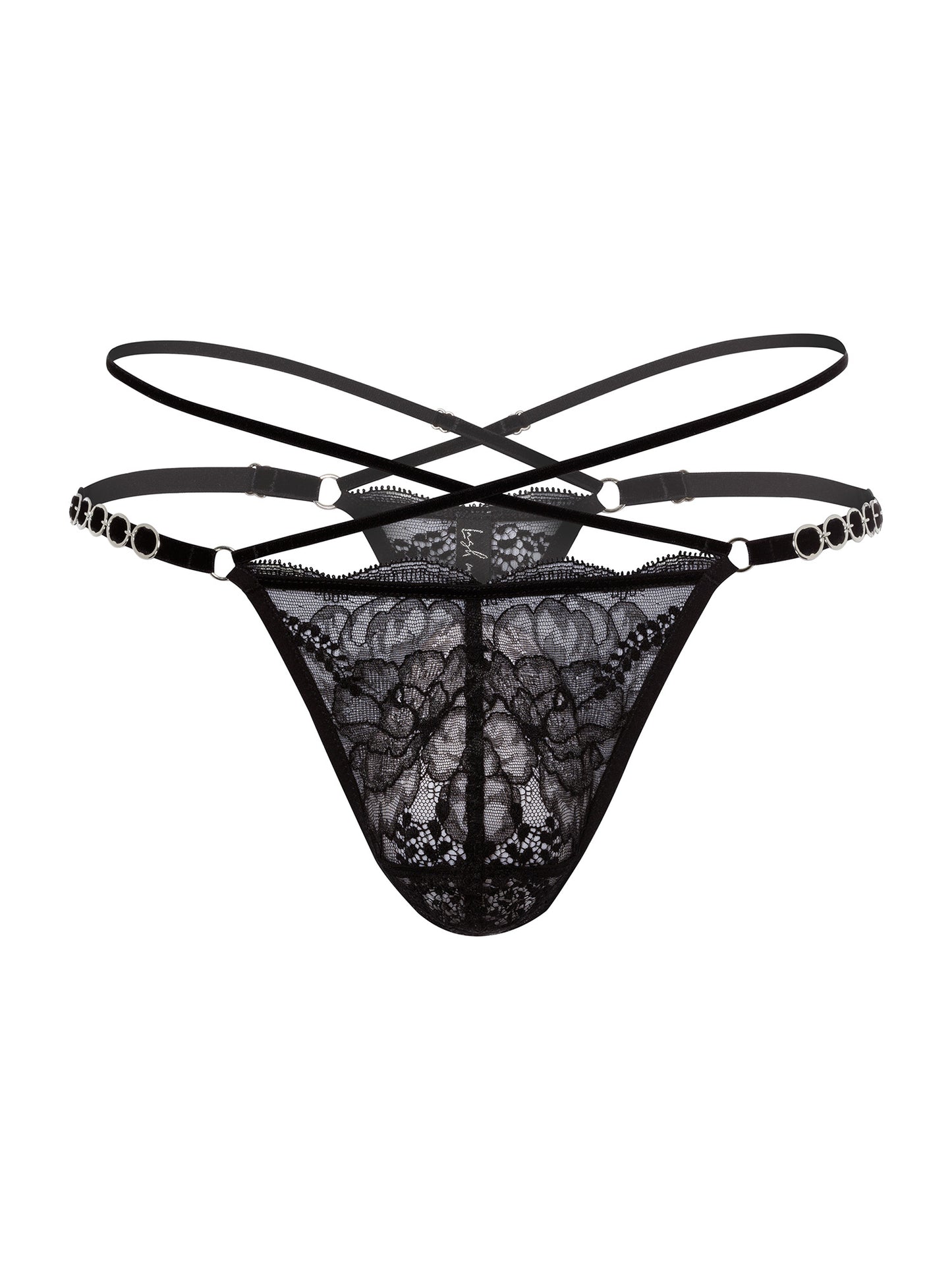 Pouch fit thong made with floral black lace, adjustable velvet straps and silver o-ring details on the hips, and 2 crossing straps on the waist.