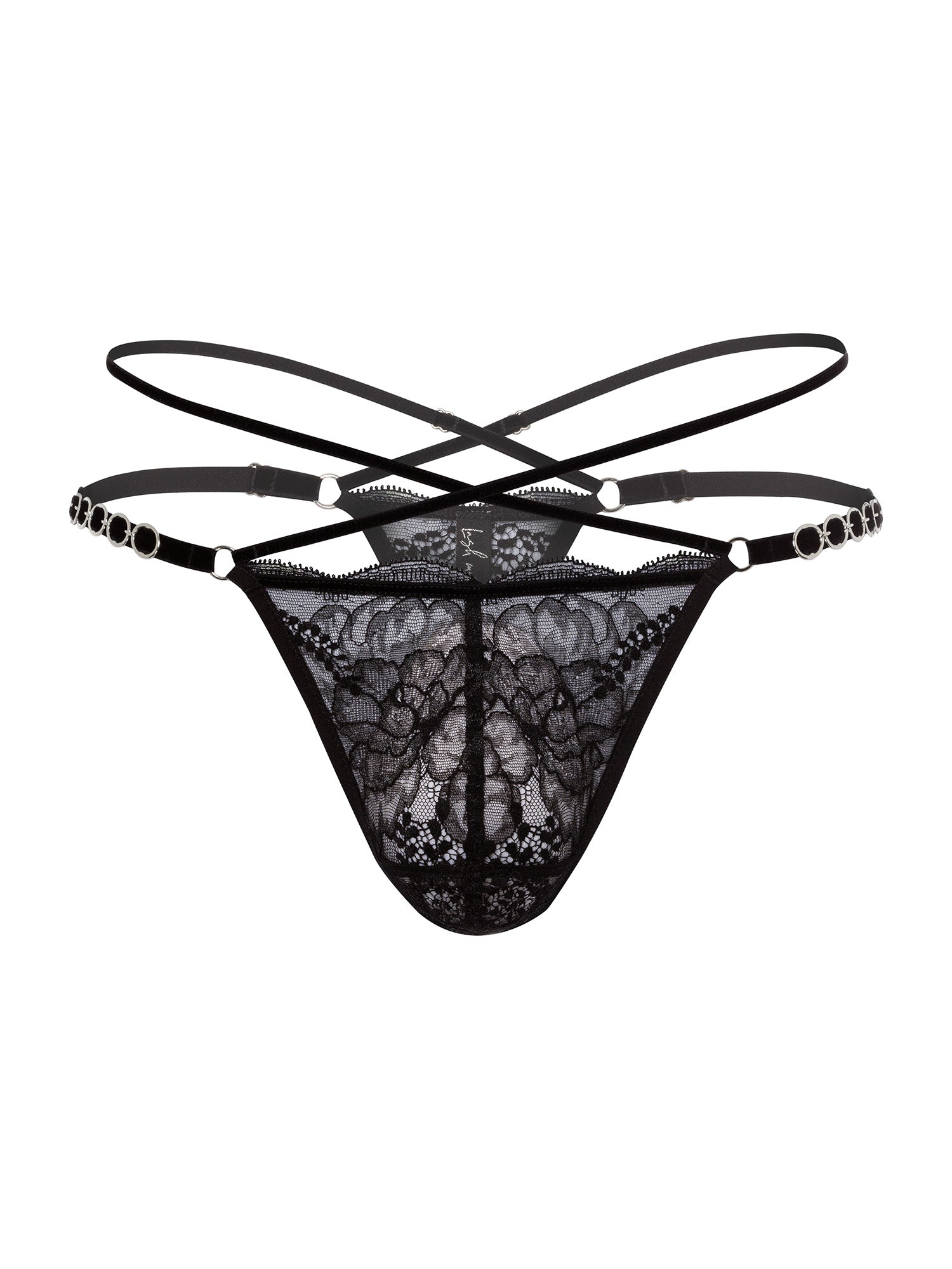 Pouch fit thong made with floral black lace, adjustable velvet straps and silver o-ring details on the hips, and 2 crossing straps on the waist.