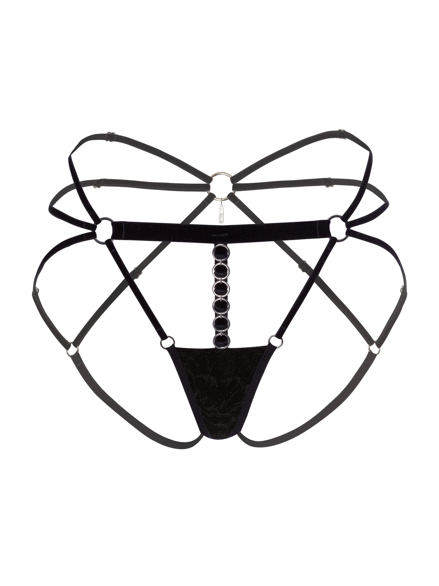 Adjustable black ouvert panties made with multiple outlining velvet straps, floral black lace, silver o-ring hardware and an engraved pendant in the back.