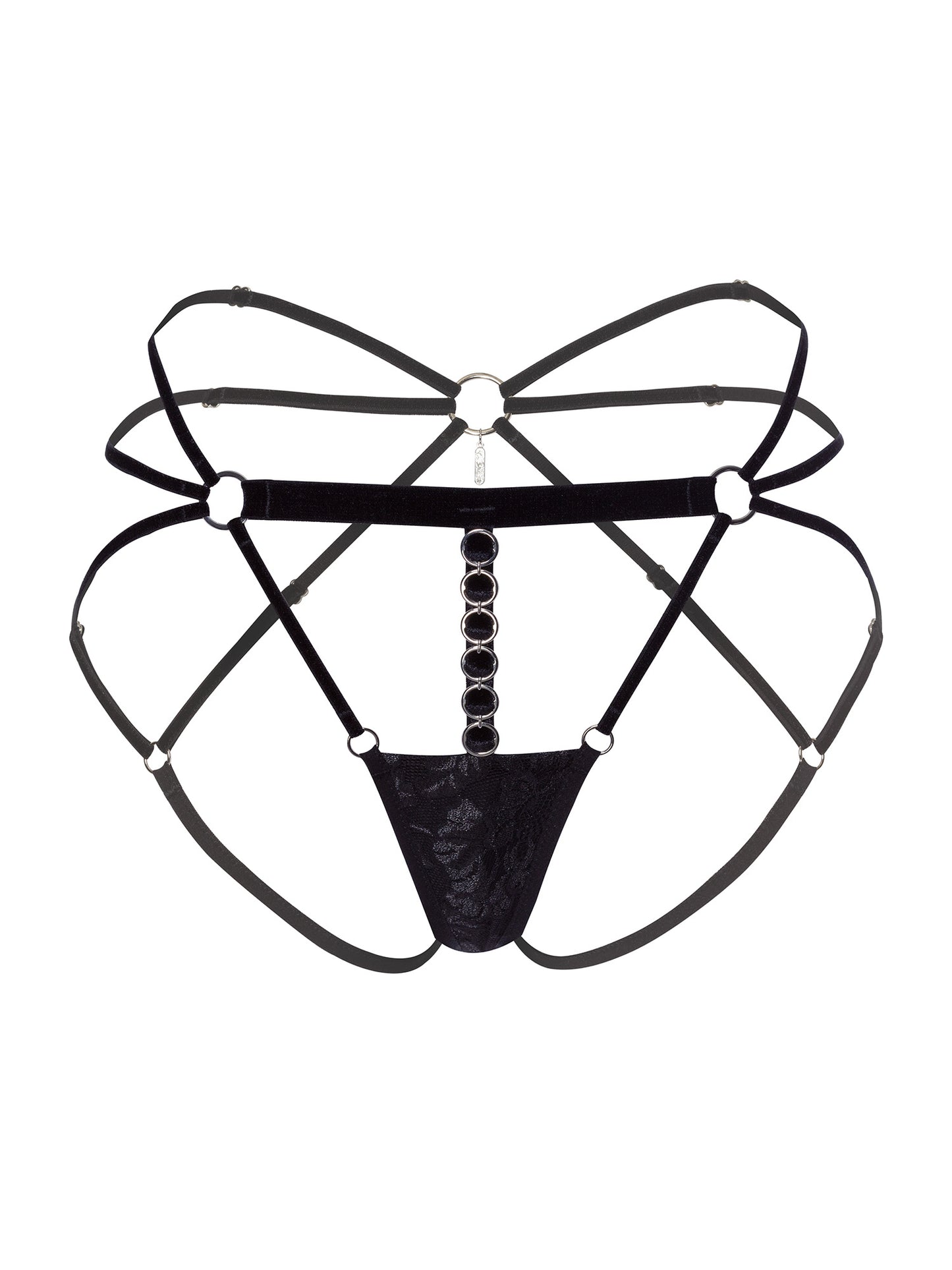 Adjustable black ouvert panties made with multiple outlining velvet straps, floral black lace, silver o-ring hardware and an engraved pendant in the back.