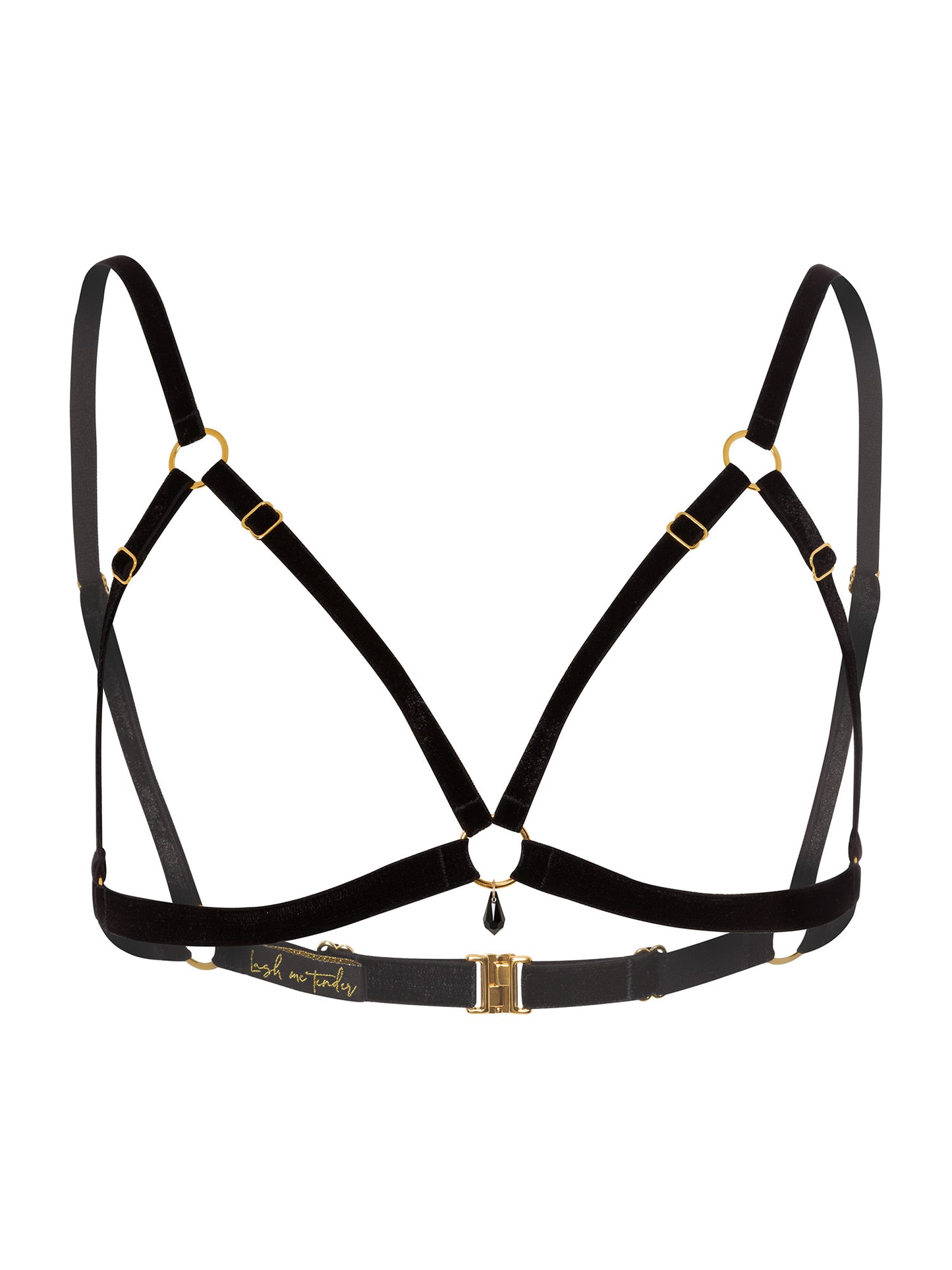 Adjustable black velvet open-cup bra with gold o-ring and black Swarovski crystal pendant.