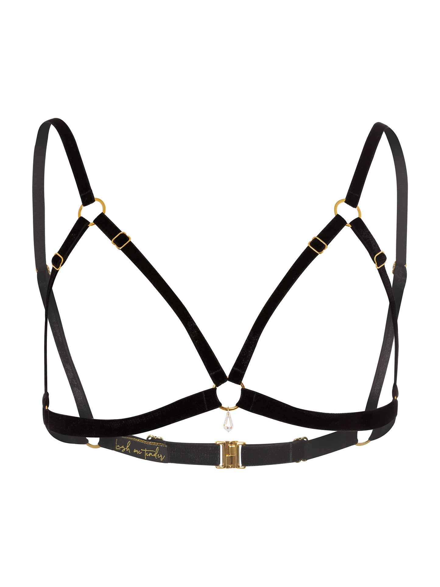 Adjustable black velvet open-cup bra with gold o-ring and clear Swarovski crystal pendant.
