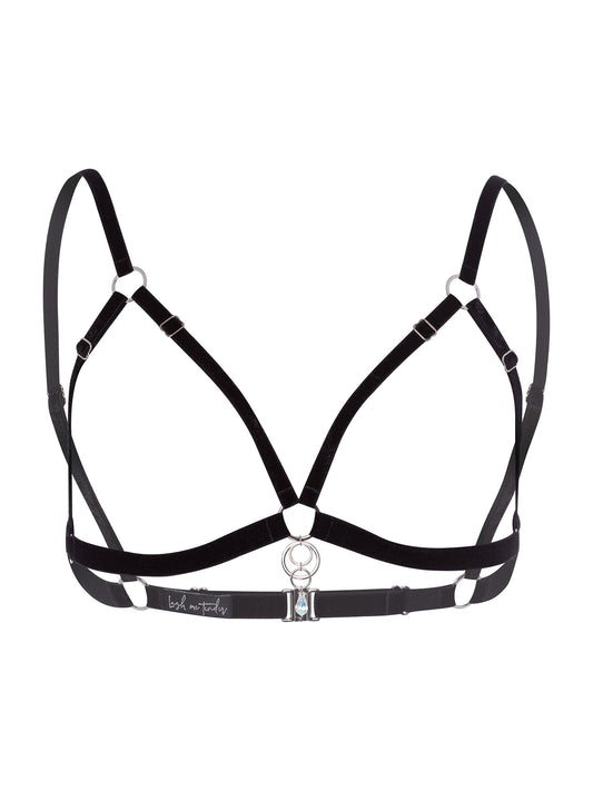 Adjustable black velvet open-cup bra with a 4-rings silver charm attached to a clear Swarovski crystal pendant.