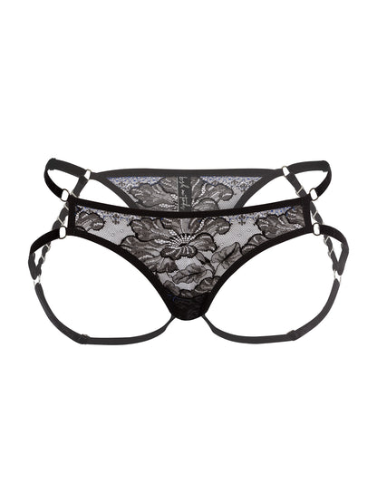 Front view of adjustable regular fit panties made with floral black & blue lace, soft velvet straps and eco-friendly silver o-ring details.