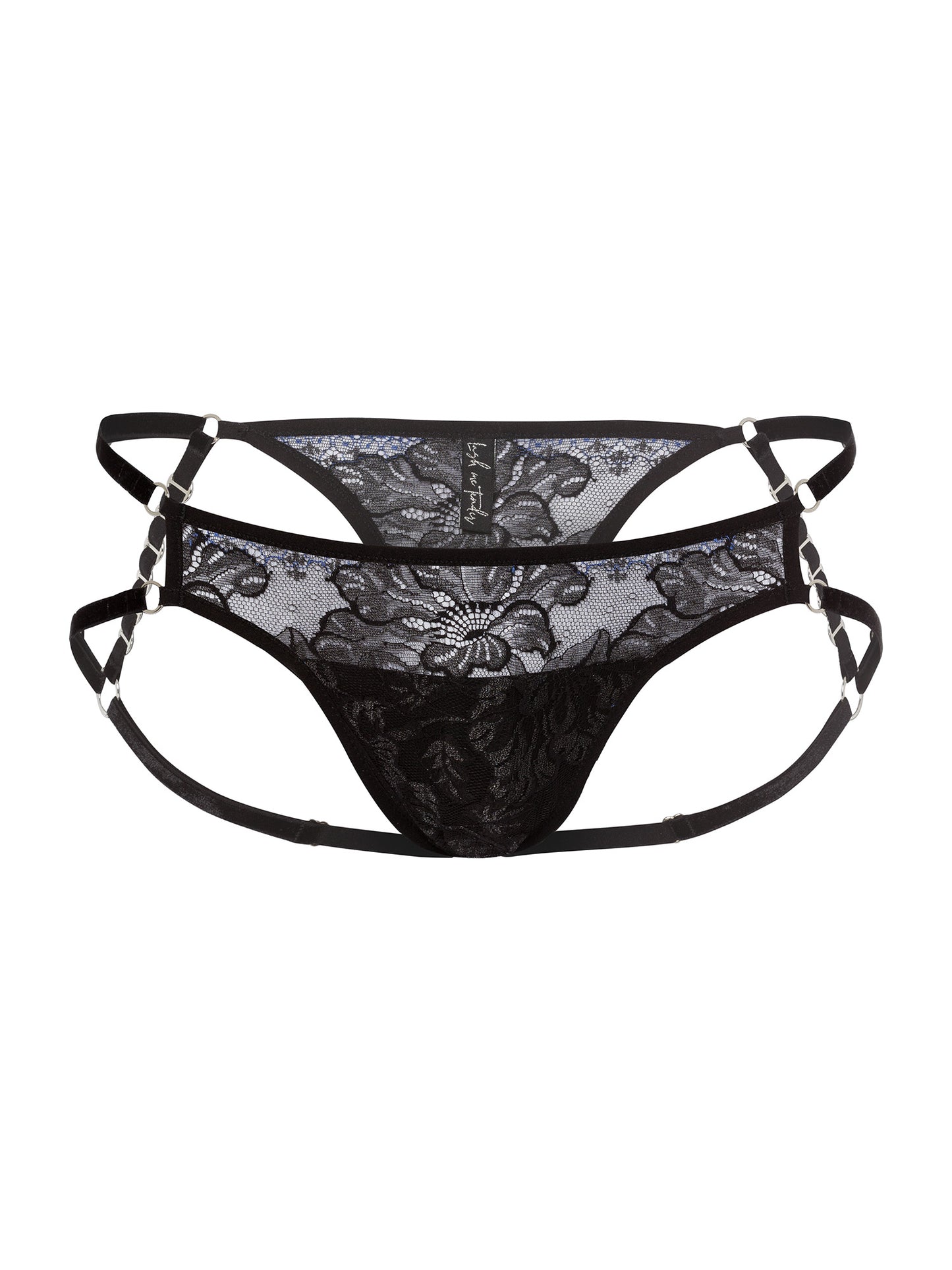 Front view of adjustable tucking fit panties made of floral black lace with blue lining, soft velvet straps and eco-friendly silver o-ring details.