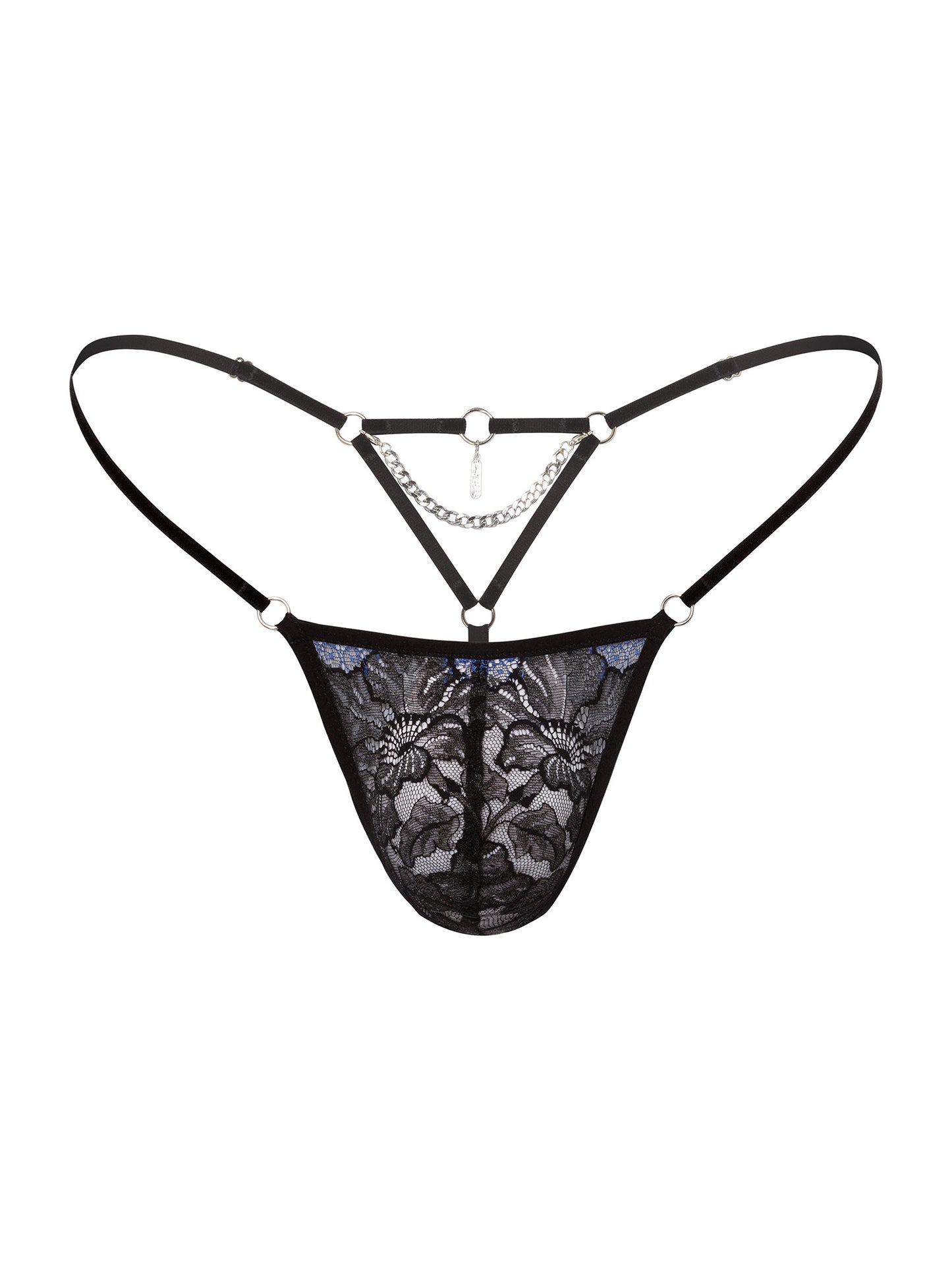 Pouch fit Floral black & blue lace micro thong with thin velvet straps on the hips and silver chain and pendant in the back. Gender inclusive lingerie.