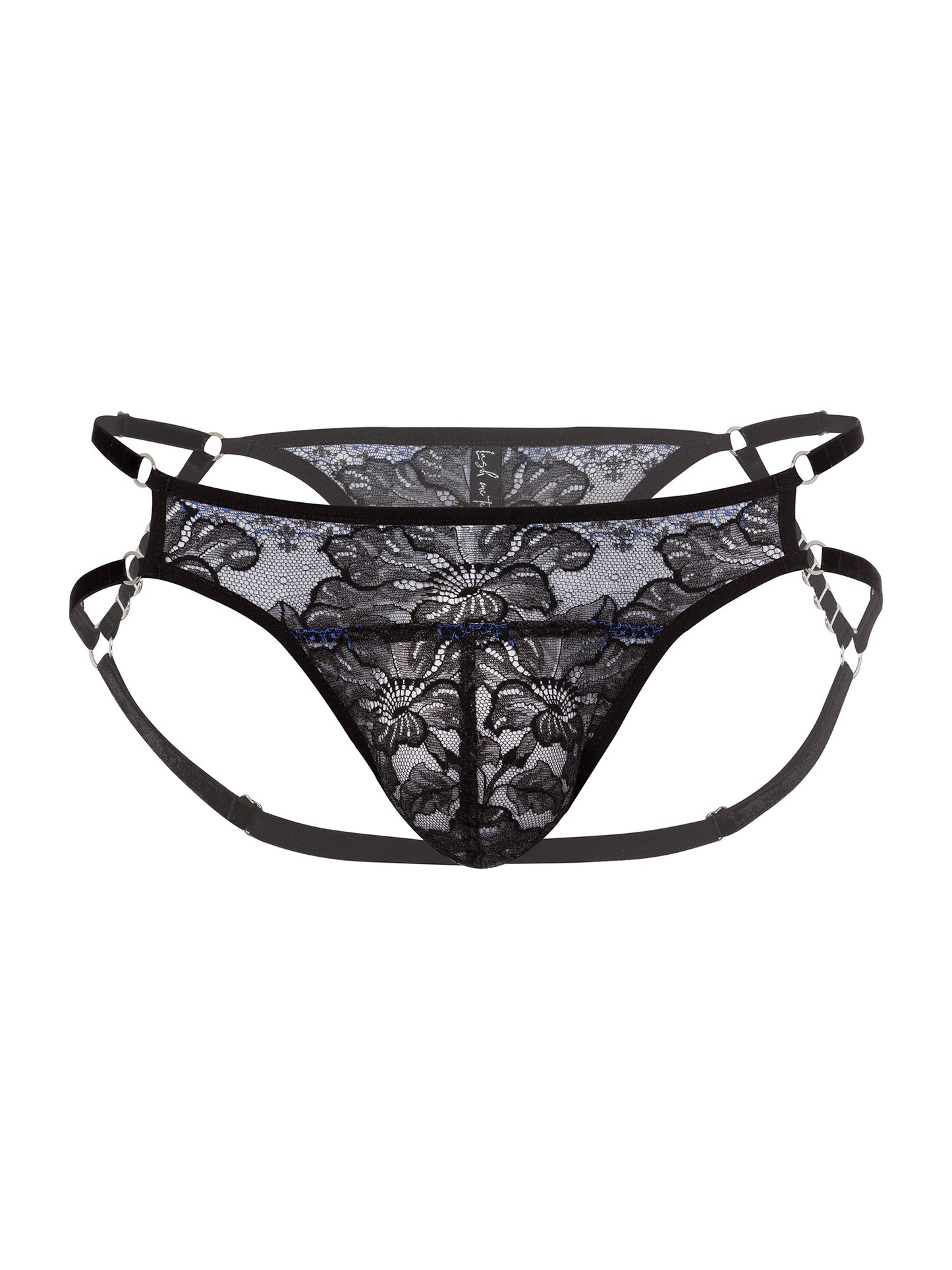 Front view of adjustable pouch fit panties made with floral black and blue lace, soft velvet straps and eco-friendly silver o-ring details.