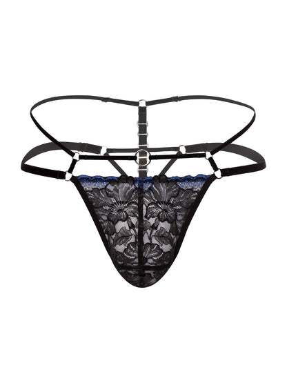 Front view of an adjustable pouch fit thong made of floral black lace with blue lining, soft velvet straps and eco-friendly silver o-ring details.