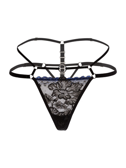 Front view of an adjustable regular fit thong made of floral black lace with blue lining, soft velvet straps and eco-friendly silver o-ring details.