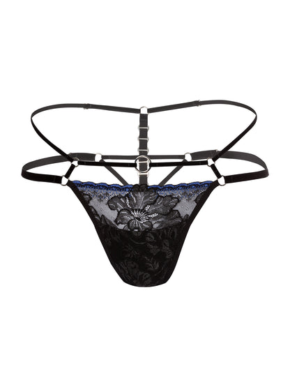 Front view of an adjustable tucking fit thong made of floral black lace with blue lining, soft velvet straps and eco-friendly silver o-ring details.