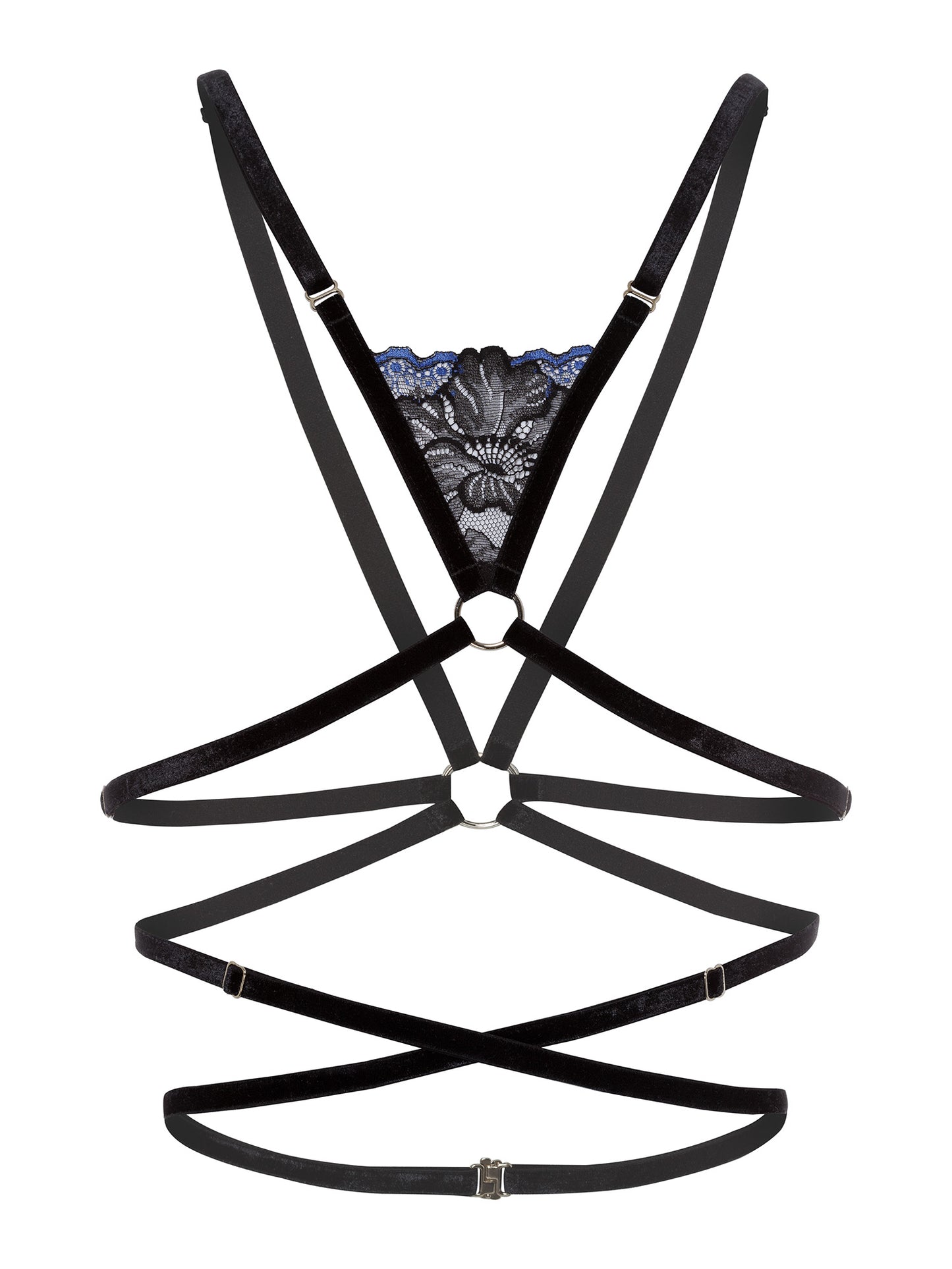 Front view of a gender-inclusive chest harness made of multiple black velvet straps crossing on the chest and waist, a piece of black and blue floral lace and silver hardware.