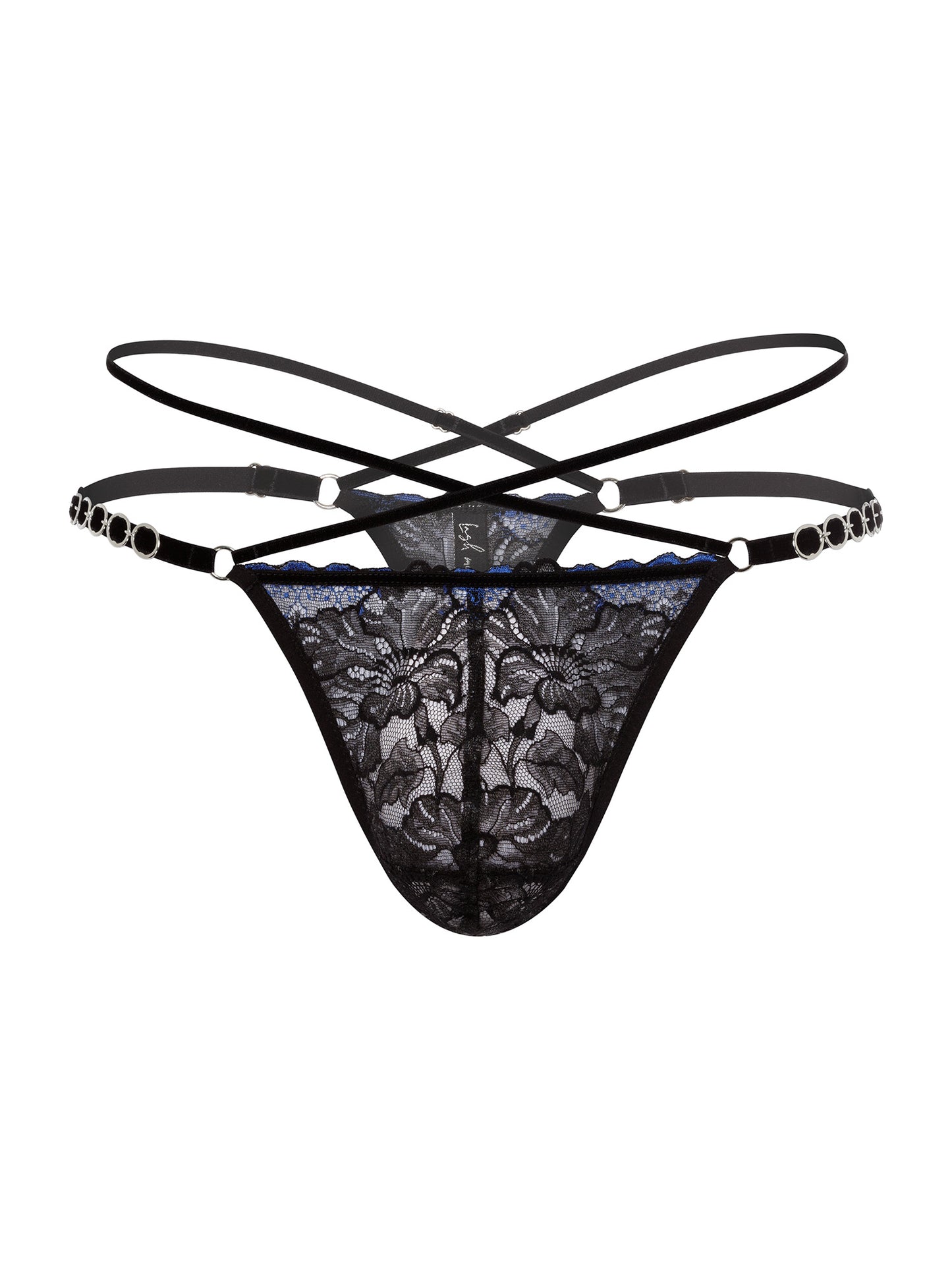 Pouch fit thong made with floral black and blue lace, adjustable velvet straps and silver o-ring details on the hips, and 2 crossing straps on the waist. 
