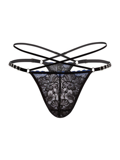 Pouch fit thong made with floral black and blue lace, adjustable velvet straps and silver o-ring details on the hips, and 2 crossing straps on the waist. 