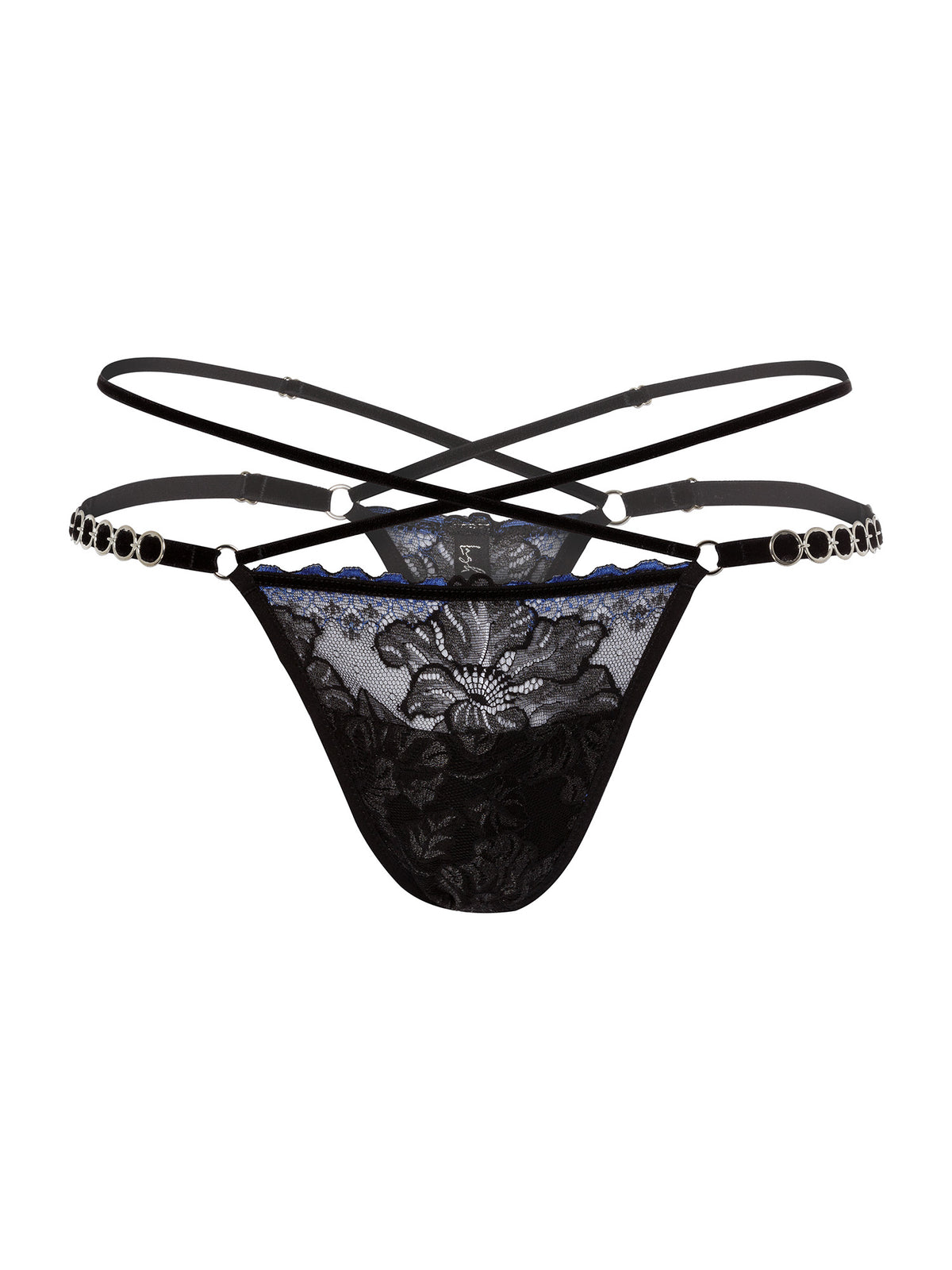 Floral black and blue lace thong with adjustable velvet straps and silver o-ring details on the hips, and 2 crossing straps on the waist. Made for anyone who tucks.