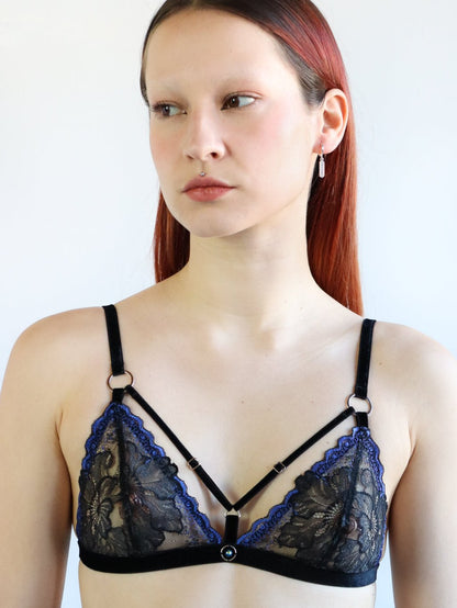 Black and blue lace bra with black velvet straps and silver details. Erotic sustainable lingerie