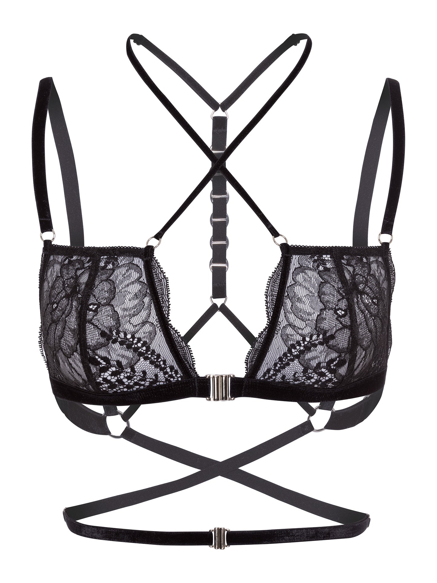 Front view of an adjustable floral black lace bra with soft velvet straps on the chest and waist and a silver front closure.