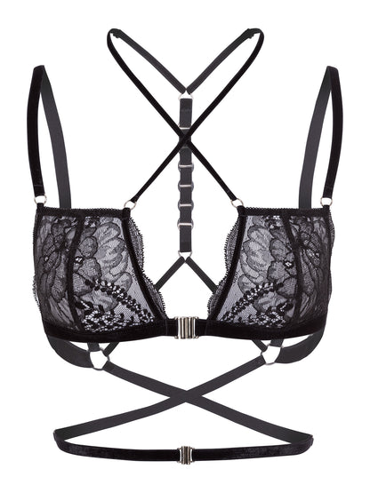 Front view of an adjustable floral black lace bra with soft velvet straps on the chest and waist and a silver front closure.