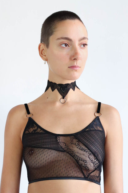 Black Lace Heart shaped choker with o-ring silver jewelry and eco-friendly lace crop top