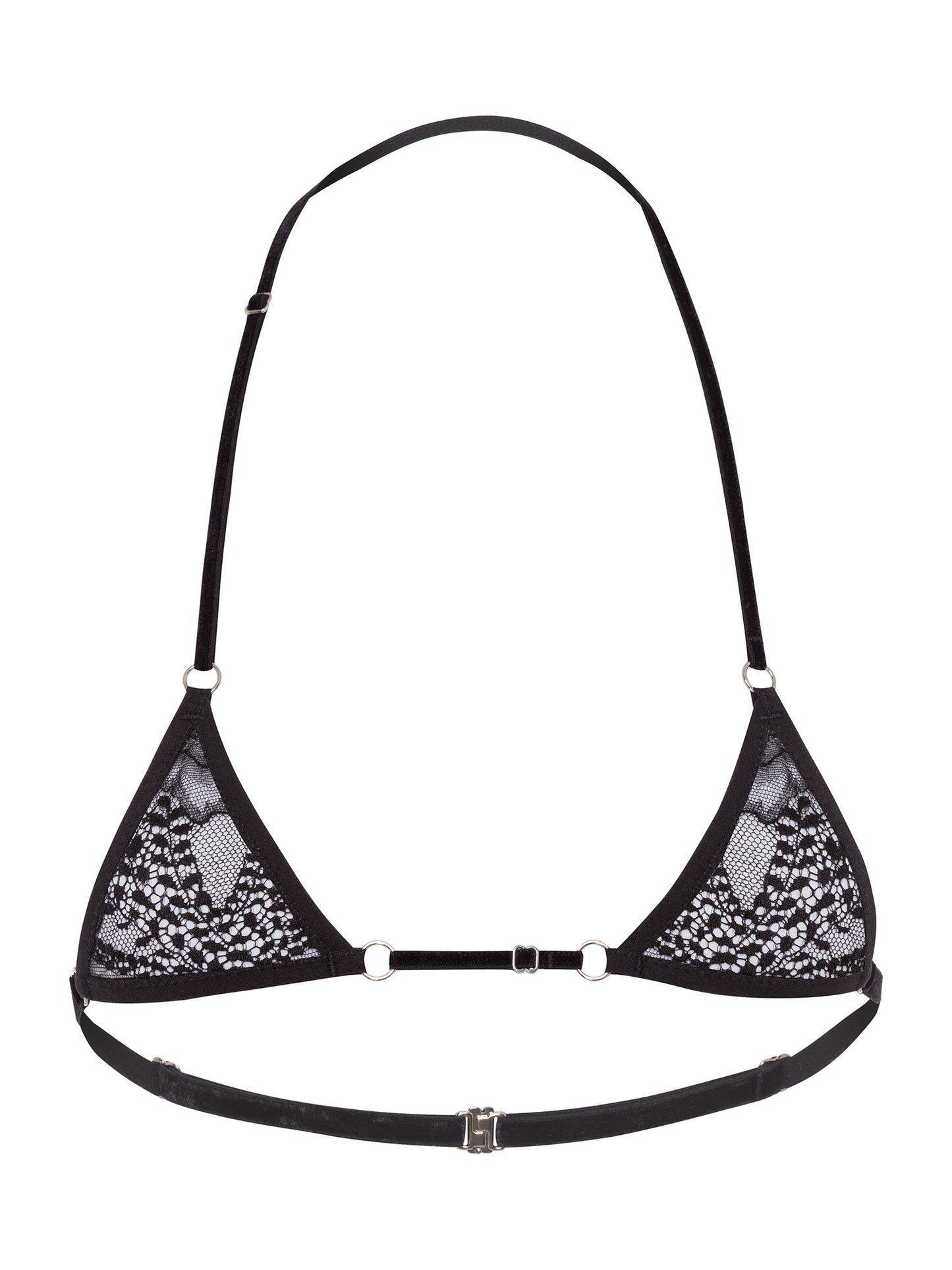 Front view of a minimalist triangle micro bra made of floral black lace, adjustable velvet straps and silver hardware.