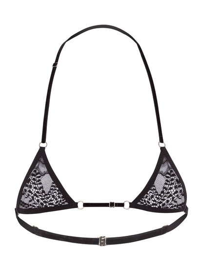 Front view of a minimalist triangle micro bra made of floral black lace, adjustable velvet straps and silver hardware.