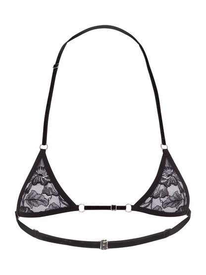 Front view of a minimalist triangle micro bra made of floral black lace, adjustable velvet straps and silver hardware.