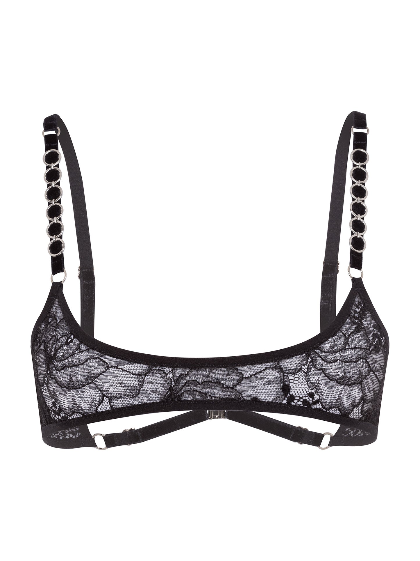 Front view of an adjustable gender free micro bralette made with floral black lace, soft velvet straps and silver o-rings details on shoulders.