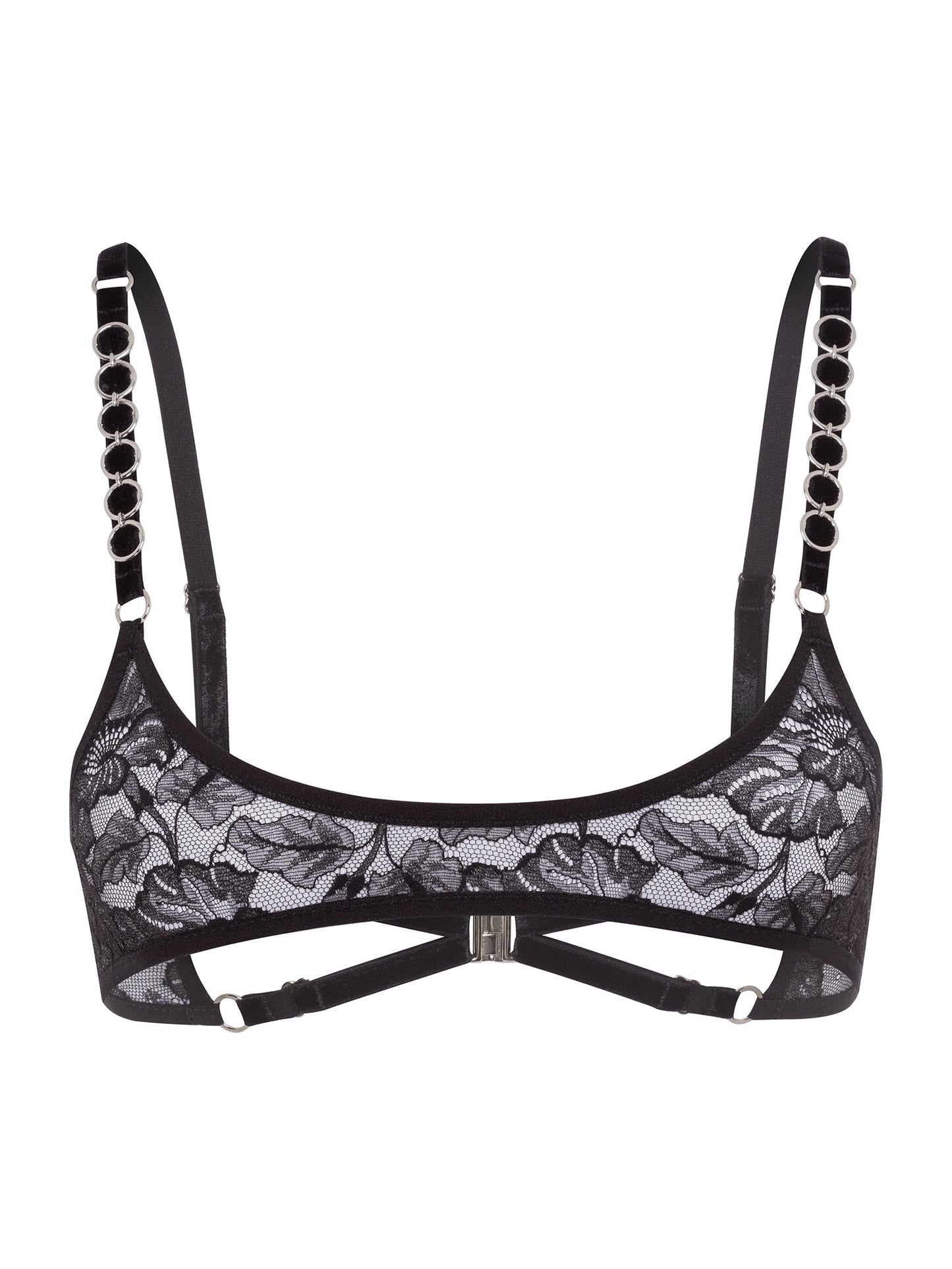 Front view of an adjustable gender free micro bralette made with floral black lace, soft velvet straps and silver o-rings details on shoulders.