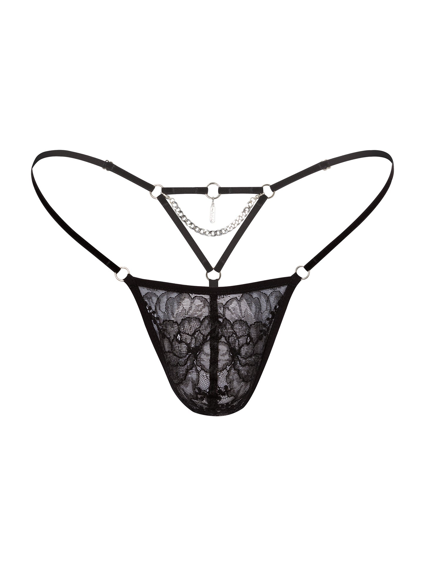 Pouch fit Floral black lace micro thong with thin velvet straps on the hips and silver chain and pendant in the back. Gender inclusive lingerie.