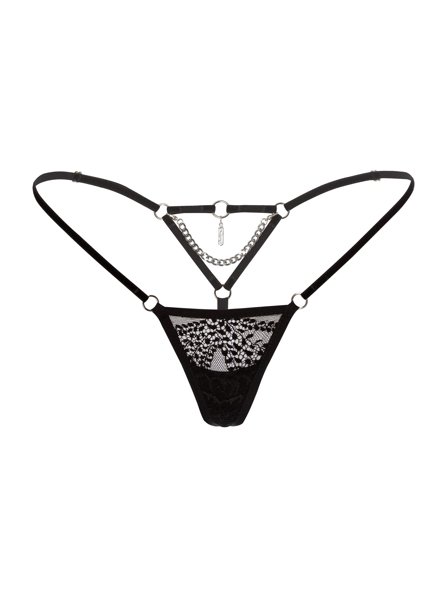 Regular fit floral black lace micro thong with thin velvet straps on the hips and  silver chain and pendant in the back.