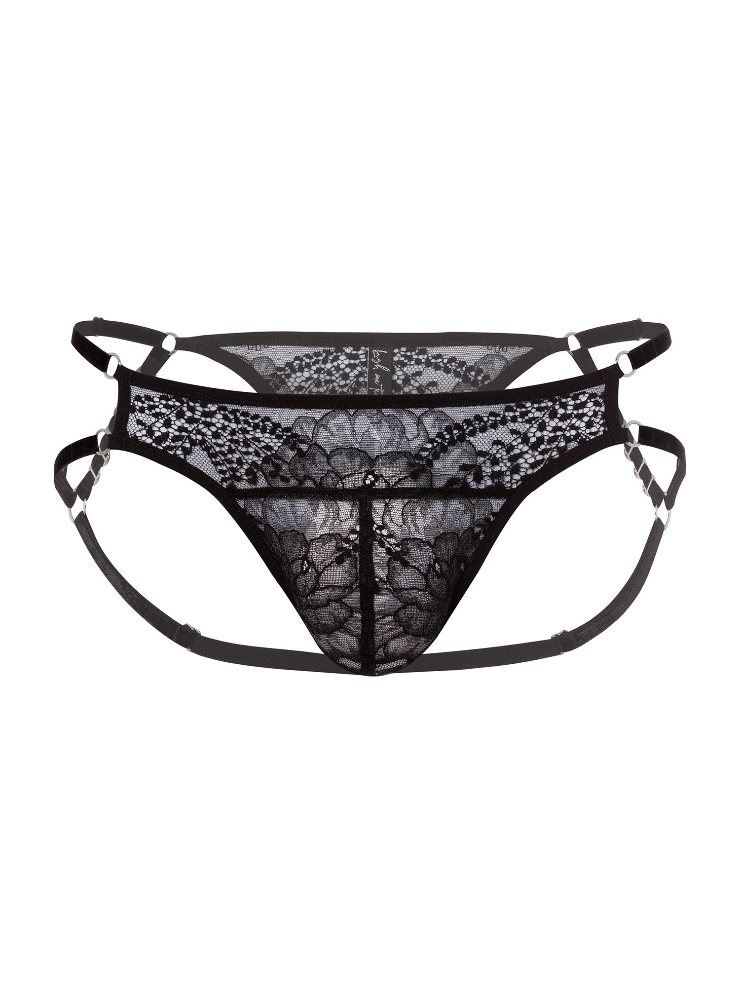 Front view of adjustable pouch fit panties made with floral black lace, soft velvet straps and eco-friendly silver o-ring details.