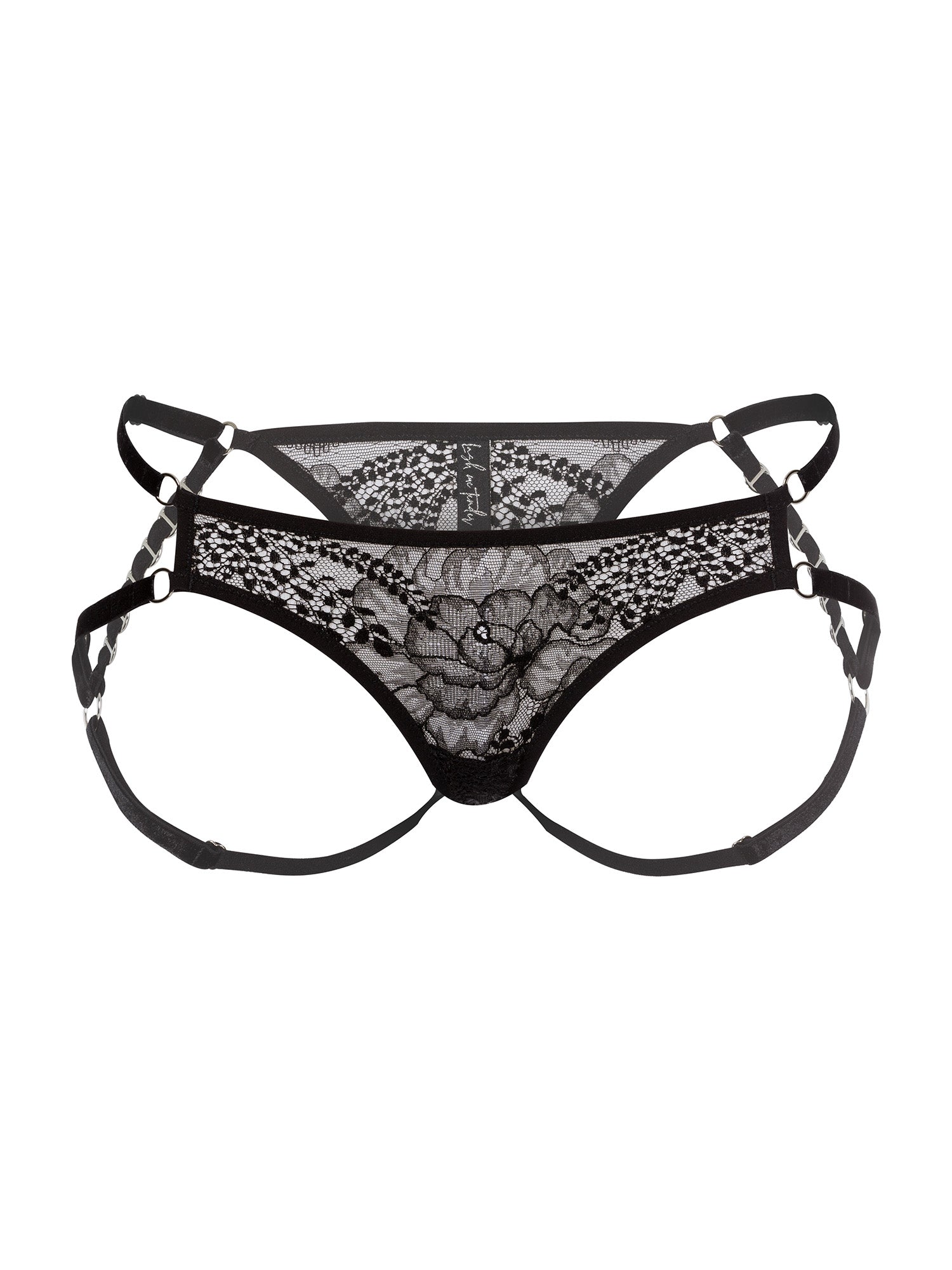 Front view of adjustable regular fit panties made with floral black lace, soft velvet straps and eco-friendly silver o-ring details.