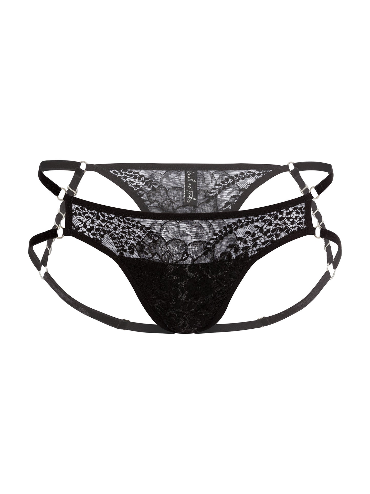 Front view of adjustable tucking fit panties made with floral black lace, soft velvet straps and eco-friendly silver o-ring details.