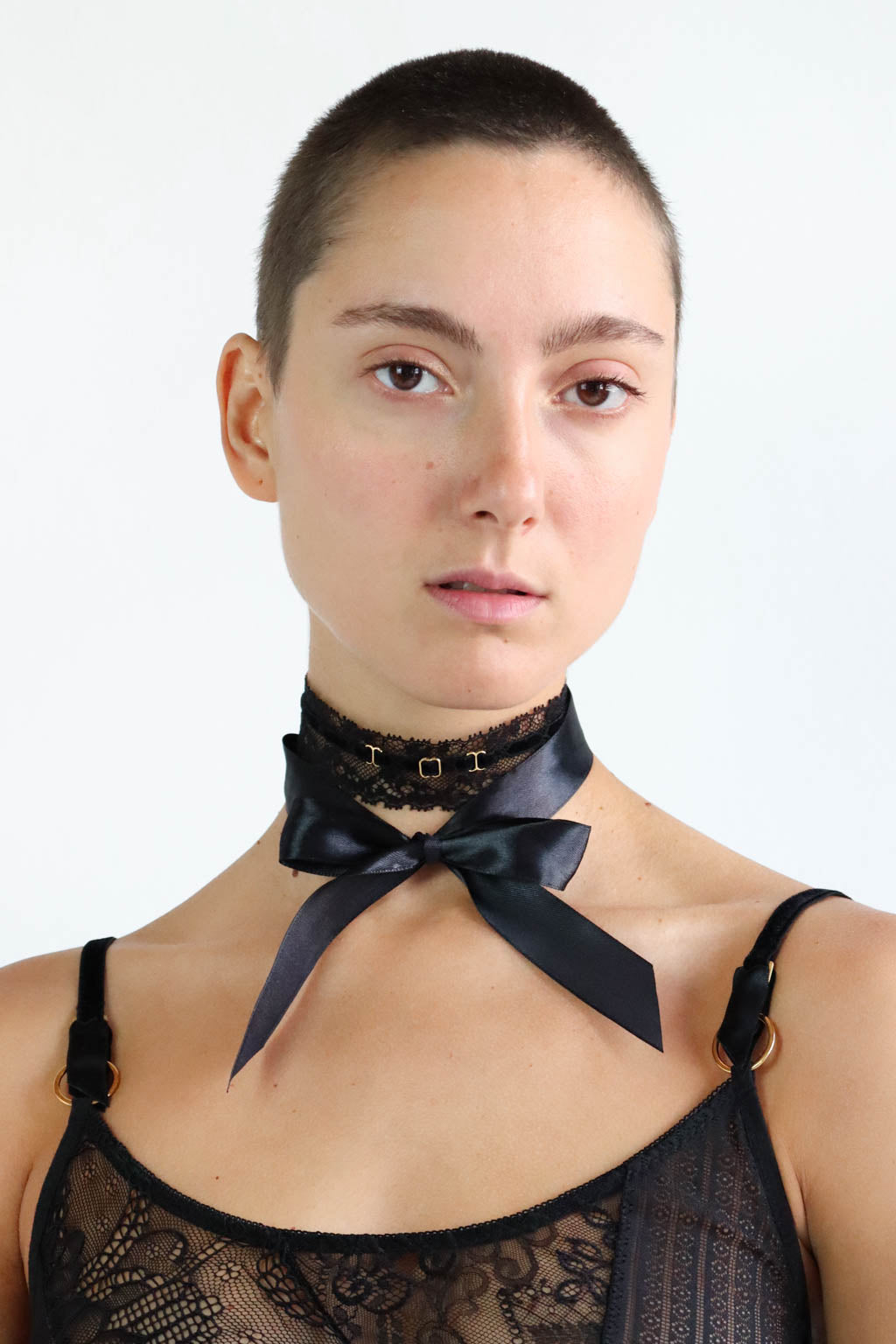 Adaptable black Lace choker with satin ribbon, velvet strap and gold hardware. Sustainable fashion accessory