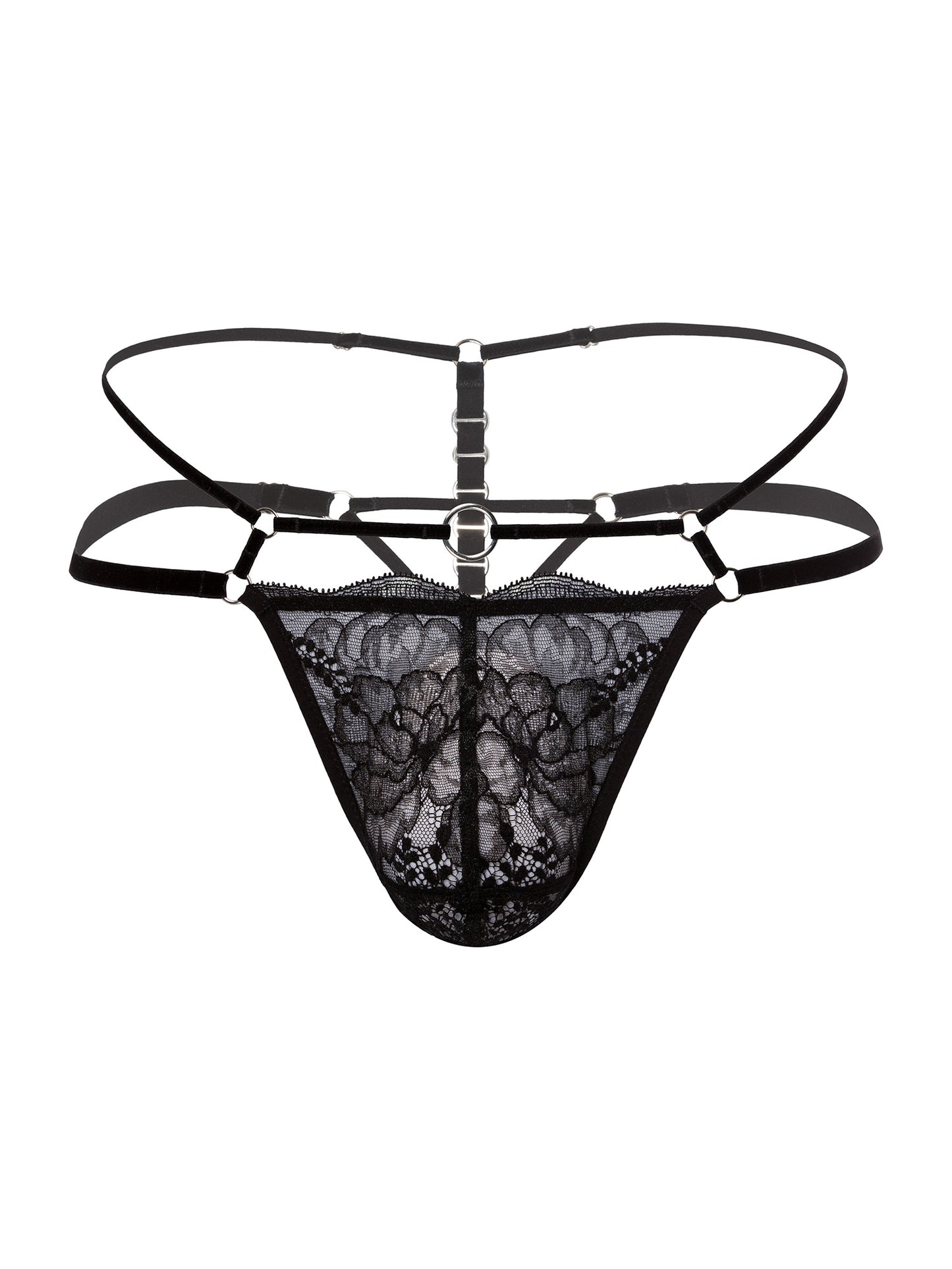 Front view of an adjustable pouch fit thong made with floral black lace, soft velvet straps and eco-friendly silver o-ring details.