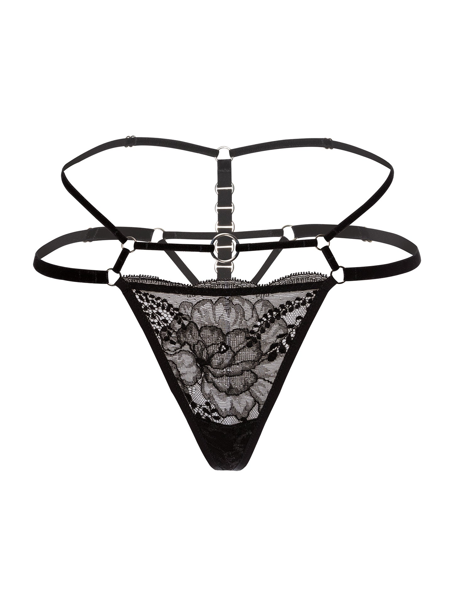 Front view of an adjustable regular fit thong made with floral black lace, soft velvet straps and eco-friendly silver o-ring details.