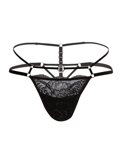 Front view of an adjustable tucking fit thong made with floral black lace, soft velvet straps and eco-friendly silver o-ring details.