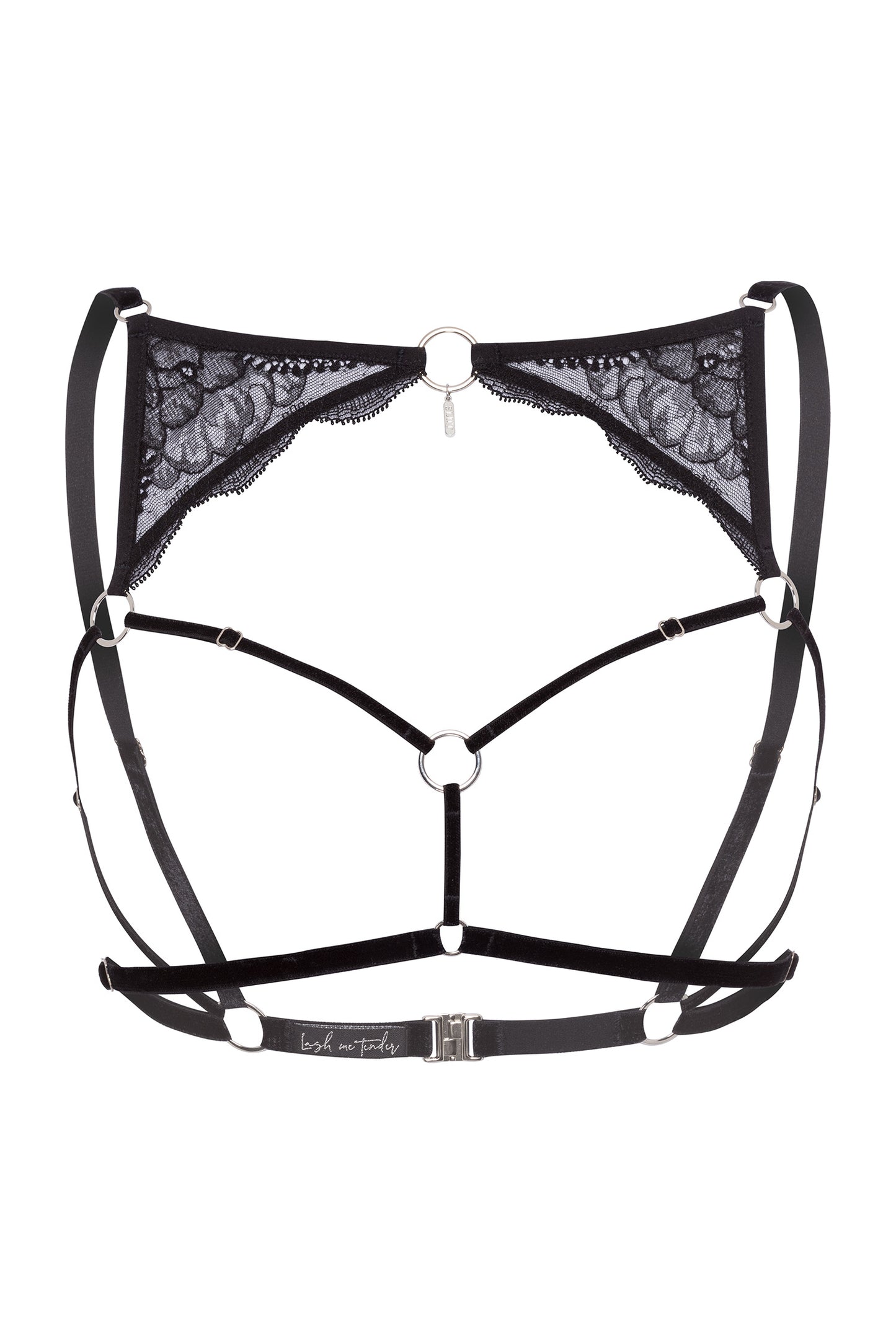 Adjustable black velvet open cup harness with lace details above the chest, silver hardware and 'slut' engraved silver pendant.