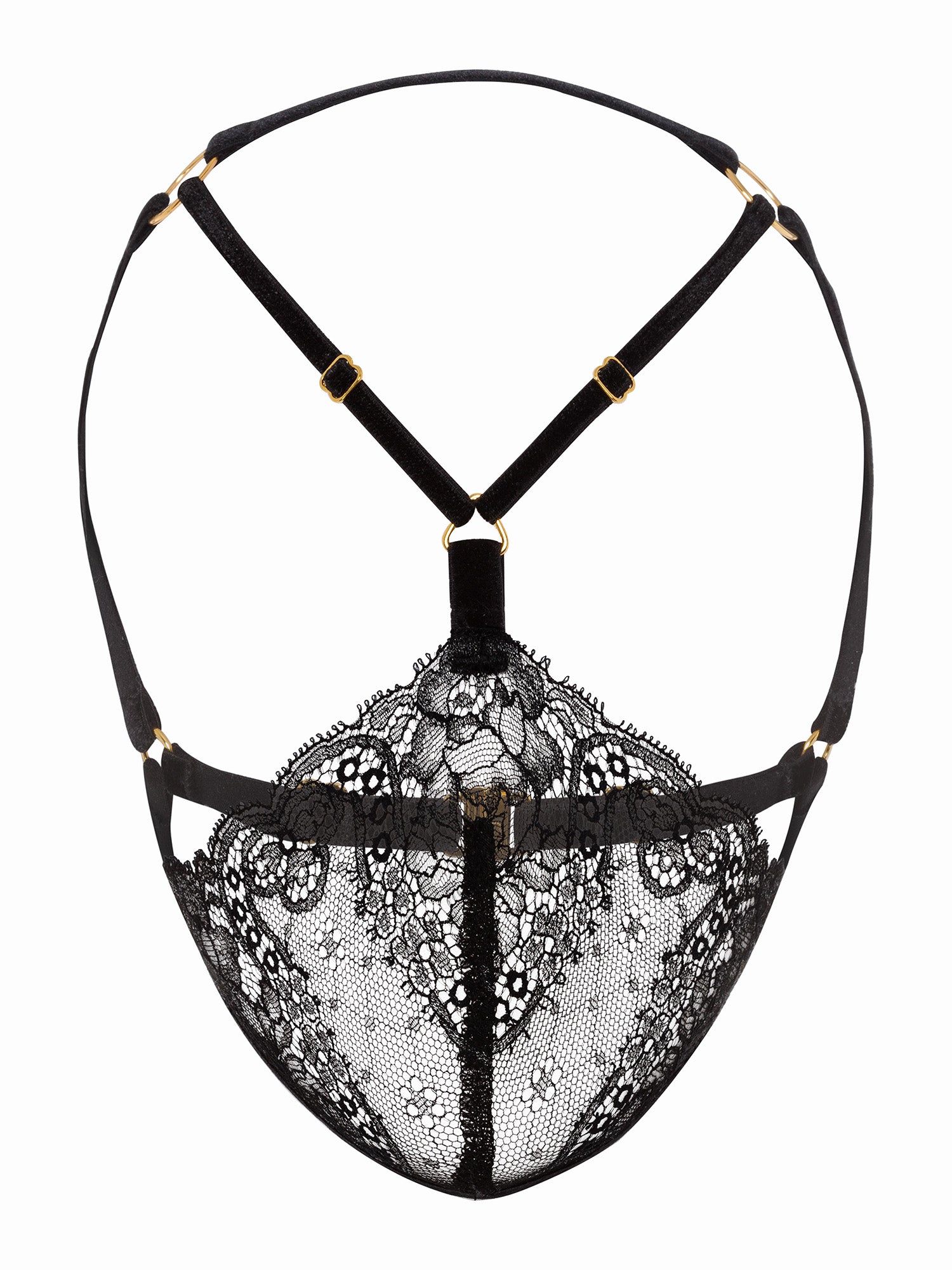 Adjustable face harness made with a floral black lace, soft velvet straps and gold zamak hardware.