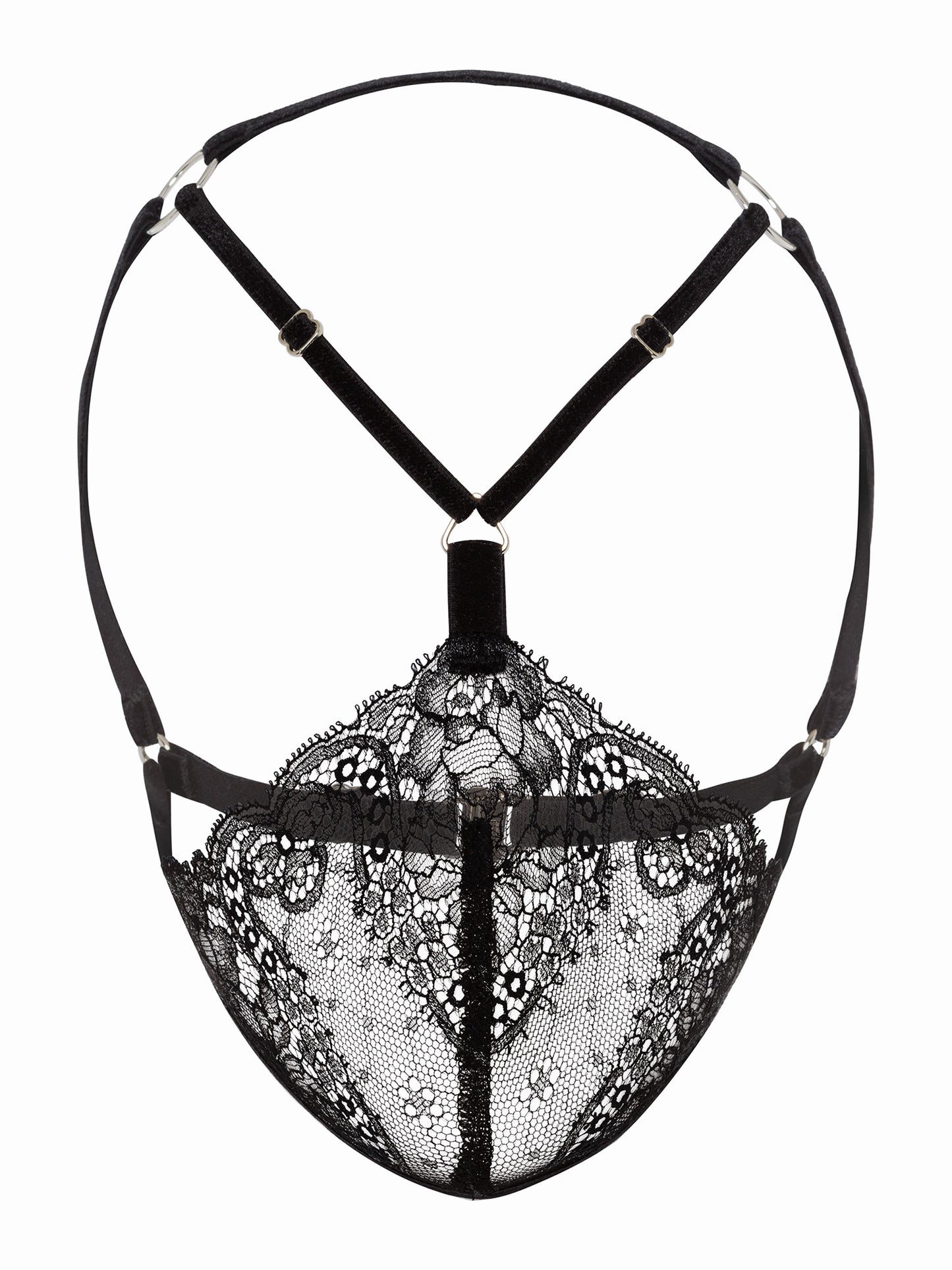 Adjustable face harness made with a floral black lace, soft velvet straps and silver zamak hardware.