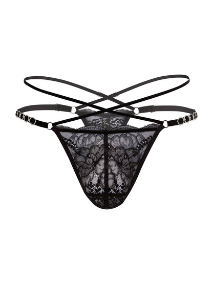 Pouch fit thong made with floral black lace, adjustable velvet straps and silver o-ring details on the hips, and 2 crossing straps on the waist. 