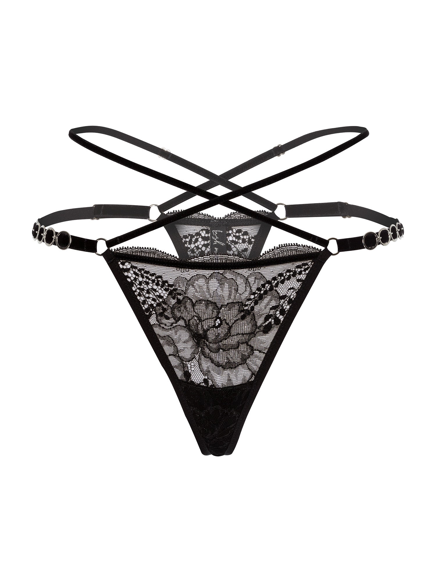 Floral black lace thong with adjustable velvet straps on the hips and waist and silver o-ring details.