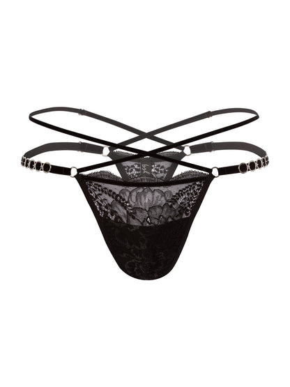 Floral black lace thong with adjustable velvet straps and silver o-ring details on the hips, and 2 crossing straps on the waist. Made for anyone who tucks.